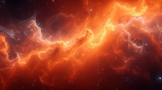 a computer generated image of a bright orange and red space filled with stars and dust, with a black background.