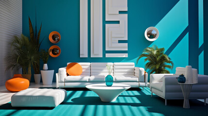 A modern living room with a bold turquoise and white color blocking pattern on the walls