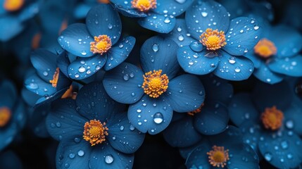  a bunch of blue flowers with drops of water on them and the center of the flowers is yellow and the center of the flowers is blue and the petals are yellow. - obrazy, fototapety, plakaty
