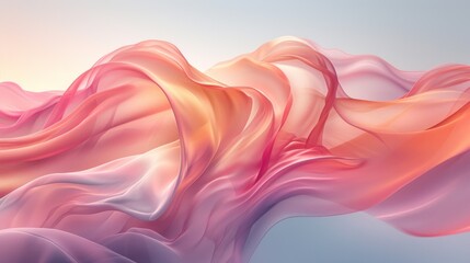  a computer generated image of a wave of pink and orange fabric on a blue and white background with a light blue sky in the backround of the image.