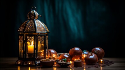 Ramadan and Eid al fitr Background special Islamic photos, new colorful Ramadan Mubarak isolated with black background Arabic light lamp with dates and tasbeeh, iftar concept image