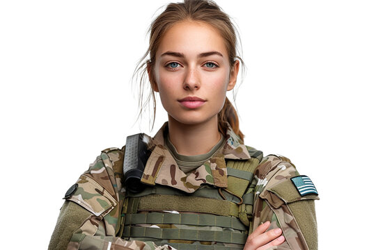 A patriotic portrait photo of a female soldier on a transparent background PNG format. This PNG file, with an isolated cutout object on a transparent background.