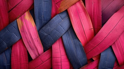  a close up of a bunch of red, blue, and purple strips of wood that have been painted red, blue, and purple strips of wood are arranged in a diagonal pattern.