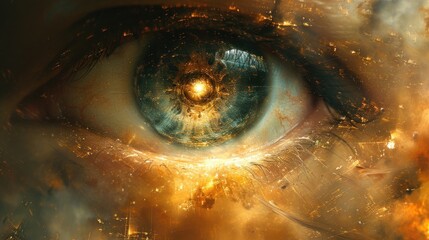  a close up of a person's eye with an eyeball in the center of the image and a lot of fire and smoke around the eye is shown in the foreground.