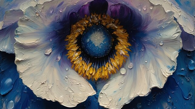  a painting of a flower with drops of water on it's petals and the center of the flower is a blue, white, yellow, and purple flower with yellow center.