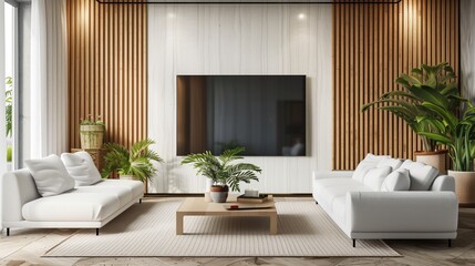 Modern Living Room Interior: White, Plants, Wood