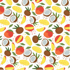 Abstract pattern with mango and coconut pattern in flat style. Fresh Seamless pattern. Vector background. Summer time print. For vape, juice or ice cream background.