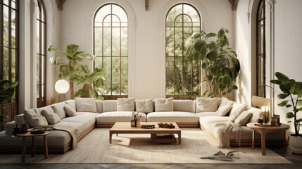 A modern living room with a large window, high ceilings, and plenty of plants to bring the outdoors in