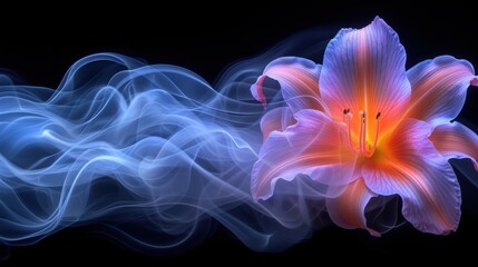  a close up of a flower on a black background with a blue and red smoke trail in the foreground and a red and white flower in the foreground. - obrazy, fototapety, plakaty