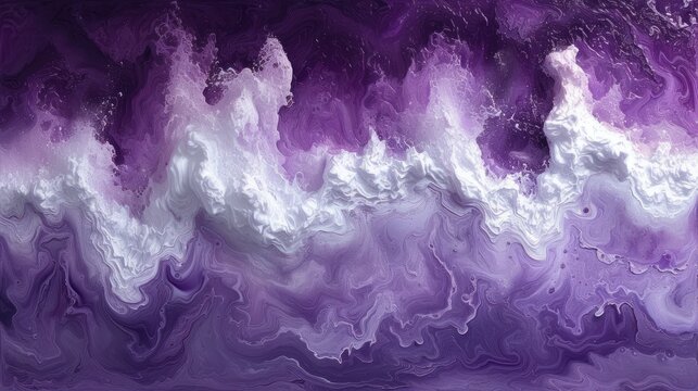 a painting of purple and white swirls on a purple and white background with a white stripe at the bottom of the painting.