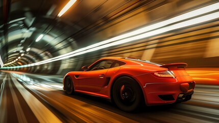 red sports car racing through a tunnel with remarkable velocity