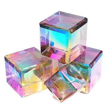 3d crystal glass cube with refraction and holographic on white or transparent background