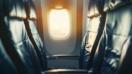 An unoccupied seat on an airplane amid the havoc wreaked by the COVID-19 outbreak on the travel and airline industry, representing the intersection of healthcare and travel. The focus is on the window
