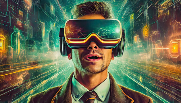 A person is lost in a digital world, their face obscured by the sleek goggles, as they explore the endless possibilities of virtual clothing