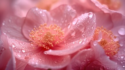  a close up of a pink flower with drops of water on it and a pink flower with yellow stamens and yellow stamen stamens on it.