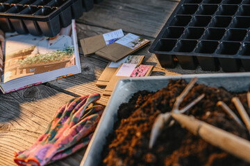 spring planting seeds in the ground, tools, containers and garden work