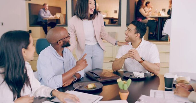 Business people, meeting at restaurant and happy in discussion, plan and collaboration for project. Brainstorming, communication and together at cafe for b2b, diversity and teamwork with remote work