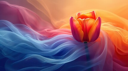 a colorful tulip sitting on top of a blue and pink wave of liquid in front of an orange and yellow background. - obrazy, fototapety, plakaty
