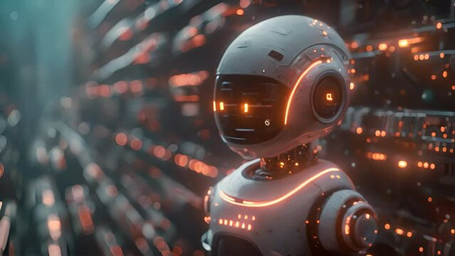 animated chatbot surrounded by floating communication platforms with a blue to black background