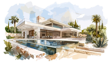 Spanische Villa Pool Moderne Architektur Haus Luxus Ferienvilla Immobilie Vektor Wasserfarben Ibiza Mallorca - obrazy, fototapety, plakaty