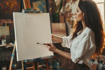 Creative artist holding a blank canvas, paintbrush in hand, ready to unleash her creativity.