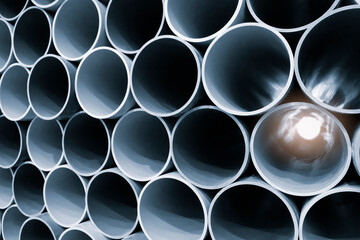 Metal or plastic pipes lie in a row as an industrial background or template for a website or page - 750151996