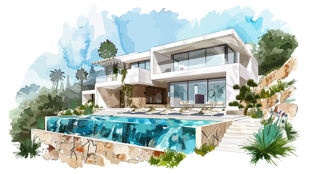 Spanische Villa Pool Luxus Ferienvilla Immobilie Vektor Wasserfarben Moderne Architektur Ibiza