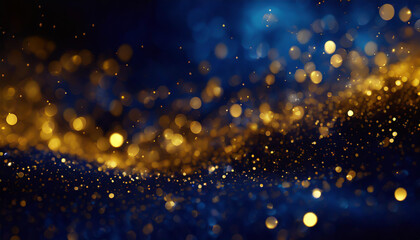 abstract background with Dark blue and gold particle. Christmas Golden light shine particles bokeh on navy blue background. Gold foil texture.