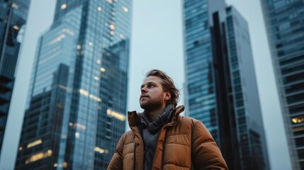 A Scandinavian man, his light hair contrasting with the urban skyline, stands as a beacon of strength against the city's skyscrapers.