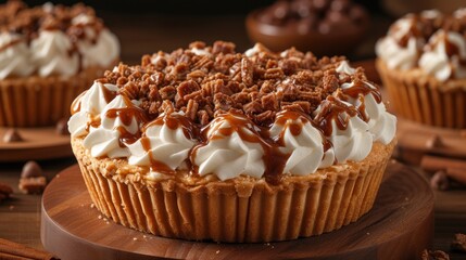 a close up of a cupcake with whipped cream and pecans on a wooden board with other cupcakes in the background.
