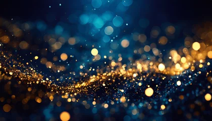 Poster abstract background with Dark blue and gold particle. Christmas Golden light shine particles bokeh on navy blue background. Gold foil texture. © netsay