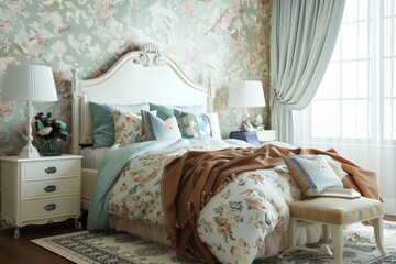 A bedroom with a floral wallpaper and a floral bedspread