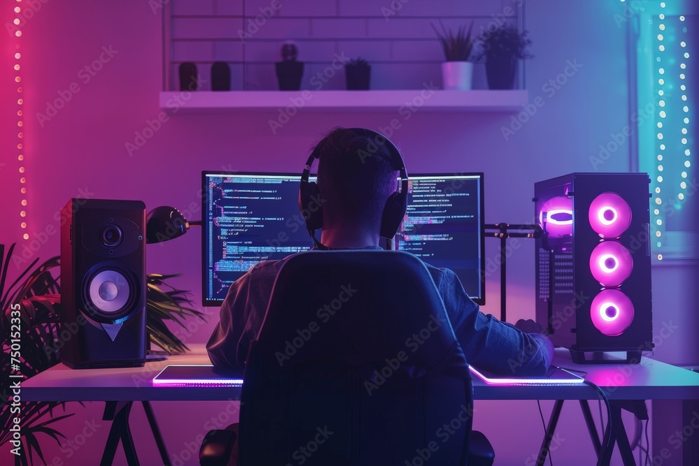 Wall mural a man is sitting in front of a computer with two monitors and a keyboard