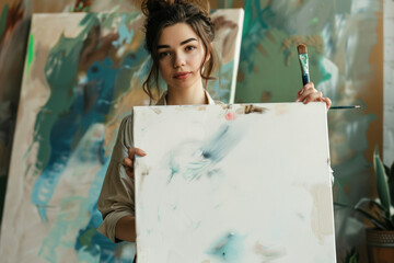 Creative artist holding a blank canvas, paintbrush in hand, ready to unleash her creativity.