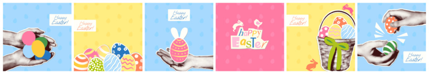 Happy Easter modern retro art collage square banners set. Trendy greeting cards with cut out of magazine shapes. Halftone hands holding Easter eggs, bunny, basket. Vector illustration - obrazy, fototapety, plakaty