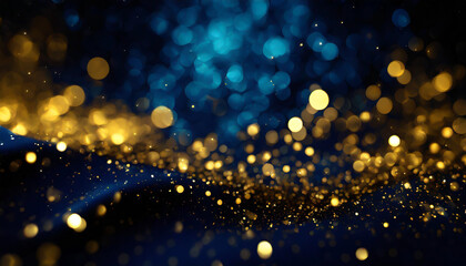 abstract background with Dark blue and gold particle. Christmas Golden light shine particles bokeh on navy blue background. Gold foil texture.