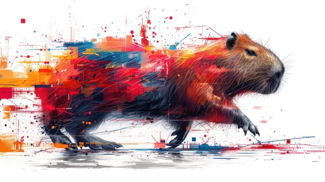 a painting of a guinea pig with colorful paint splatches on it's face and tail, standing in front of a white background.