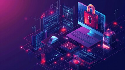 An isometric illustration shows personal data security, with a computer and lock representing protection of online file servers, ideal for web banners - obrazy, fototapety, plakaty