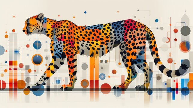 a painting of a cheetah standing in front of a white background with multicolored circles around it.