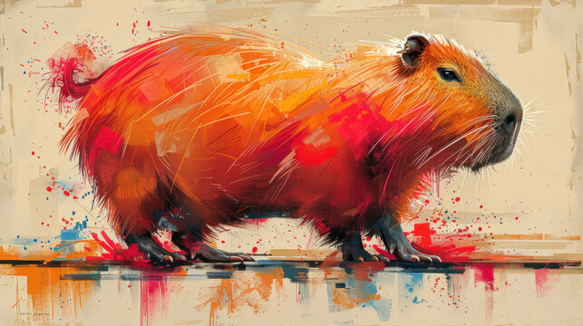 a painting of a guinea pig with red, orange, and yellow paint splatters on it's body.