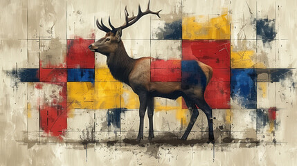 a painting of a stag standing in front of a wall with a multicolored checkerboard pattern.
