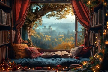 Cozy Storytime Nook in Fantasy Landscape

