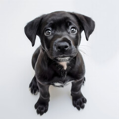 Fototapeta premium Curious Black Puppy Sitting Against a White Background With Intent Gaze