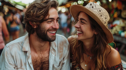 Fototapeta premium A happy young couple smiling together outdoors.