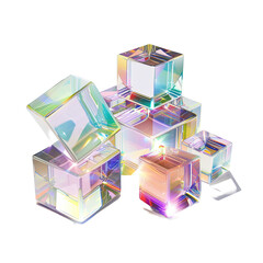 3d crystal glass cube with refraction and holographic on white or transparent background