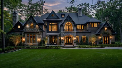 Fototapeta na wymiar Luxurious Home at Night with Manicured Lawn
