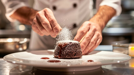 Obraz na płótnie Canvas A male chef preparing a chocolate cake in a kitchen.