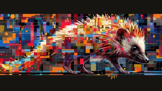 a colorful picture of a small animal on a black background with a multicolored pattern of squares and rectangles.
