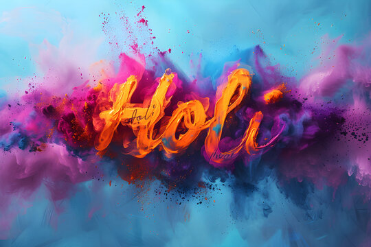 Lettering Holi on colorful abstract background. Colorful powder explosion, gulal powder. Festival of Colors concept. Greeting card, banner, invitation template
