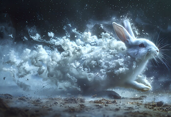 White Rabbit Emerging From a Mystical Cloud of Smoke Under a Starry Night Sky